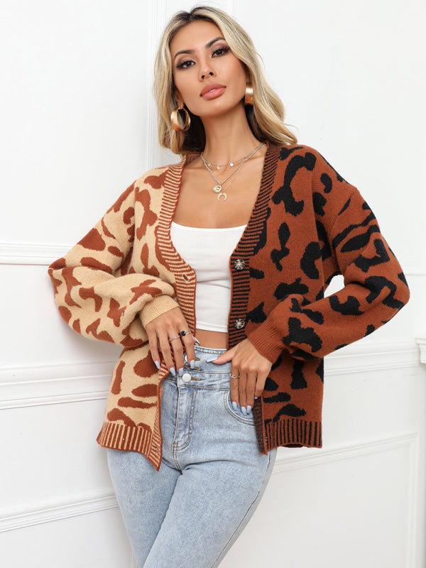 Women's Single Breasted Street Panel Leopard Print Oversized Knit Cardigan Sweater
