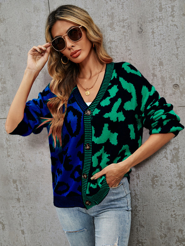 Women's Single Breasted Street Panel Leopard Print Oversized Knit Cardigan Sweater