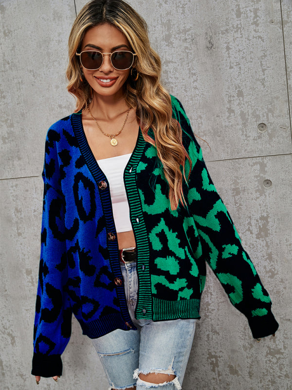 Women's Single Breasted Street Panel Leopard Print Oversized Knit Cardigan Sweater