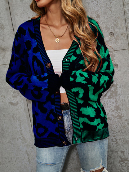 Women's Single Breasted Street Panel Leopard Print Oversized Knit Cardigan Sweater