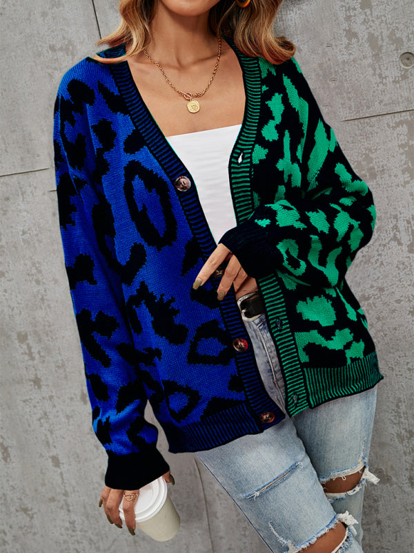 Women's Single Breasted Street Panel Leopard Print Oversized Knit Cardigan Sweater
