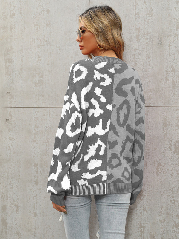 Women's Single Breasted Street Panel Leopard Print Oversized Knit Cardigan Sweater