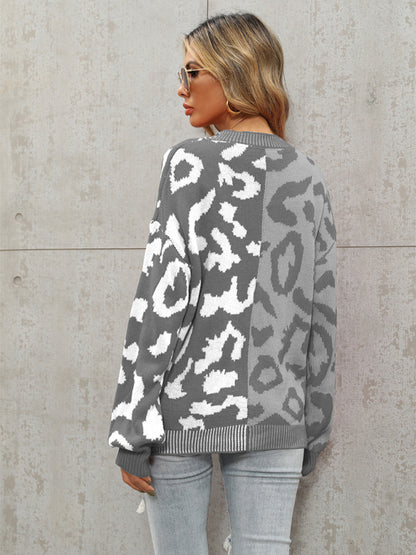 Women's Single Breasted Street Panel Leopard Print Oversized Knit Cardigan Sweater