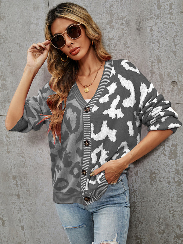 Women's Single Breasted Street Panel Leopard Print Oversized Knit Cardigan Sweater