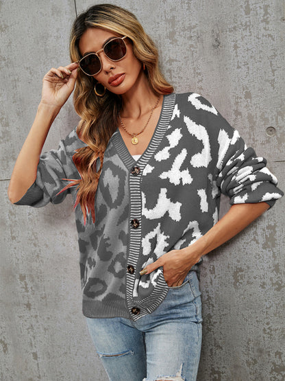 Women's Single Breasted Street Panel Leopard Print Oversized Knit Cardigan Sweater