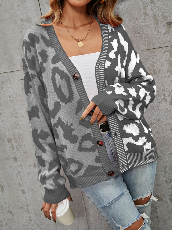 Women's Single Breasted Street Panel Leopard Print Oversized Knit Cardigan Sweater