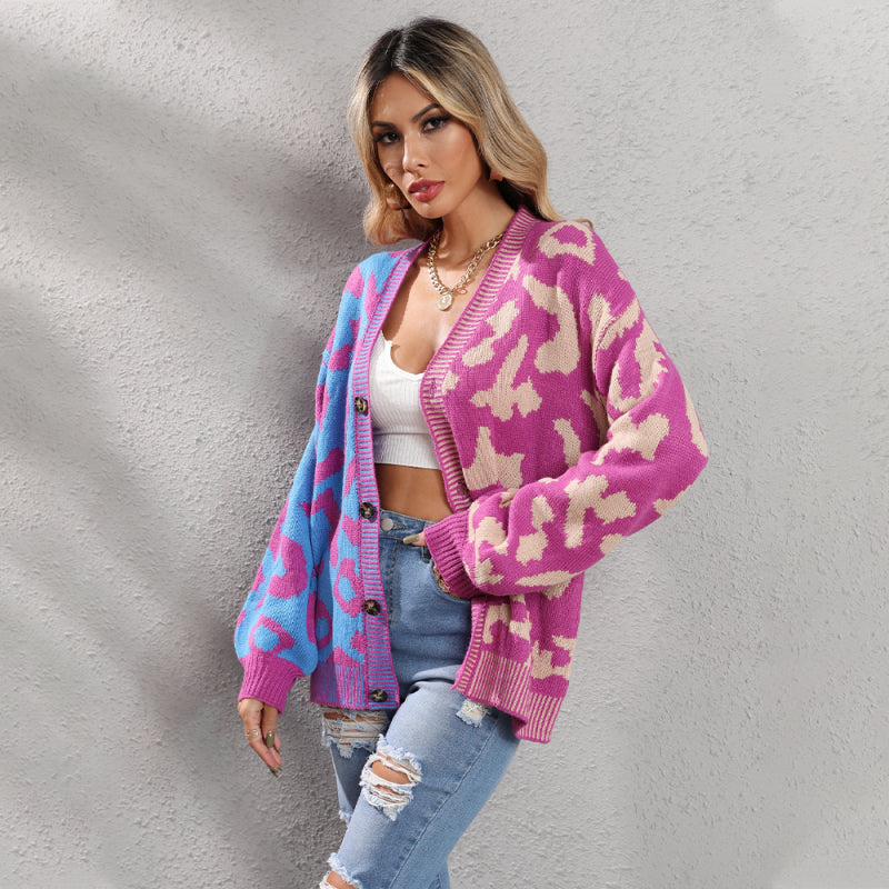 Women's Single Breasted Street Panel Leopard Print Oversized Knit Cardigan Sweater