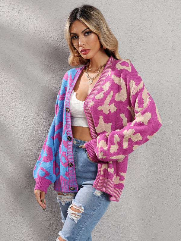 Women's Single Breasted Street Panel Leopard Print Oversized Knit Cardigan Sweater