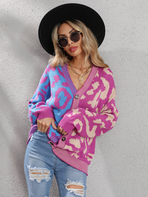 Women's Single Breasted Street Panel Leopard Print Oversized Knit Cardigan Sweater