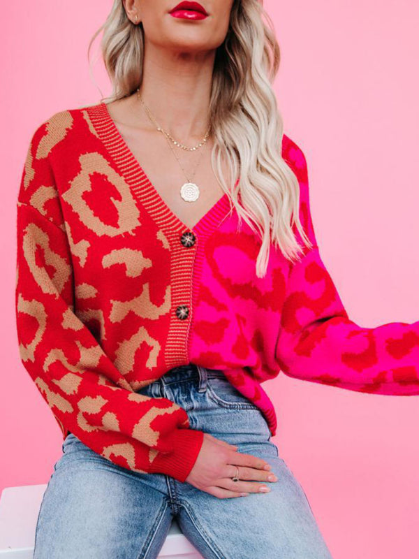 Women's Single Breasted Street Panel Leopard Print Oversized Knit Cardigan Sweater