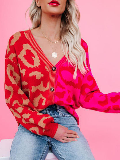 Women's Single Breasted Street Panel Leopard Print Oversized Knit Cardigan Sweater