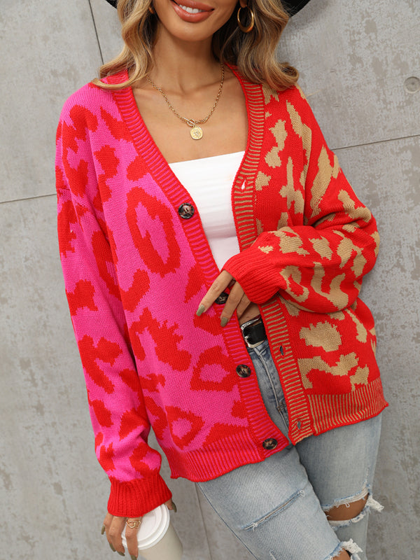 Women's Single Breasted Street Panel Leopard Print Oversized Knit Cardigan Sweater
