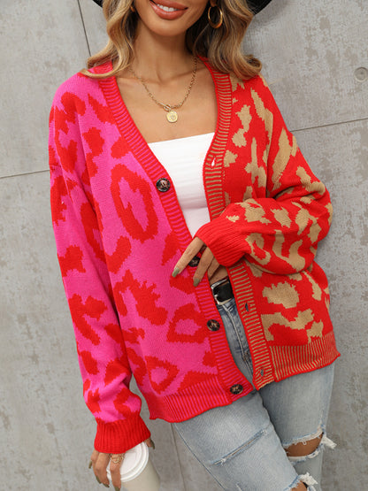 Women's Single Breasted Street Panel Leopard Print Oversized Knit Cardigan Sweater