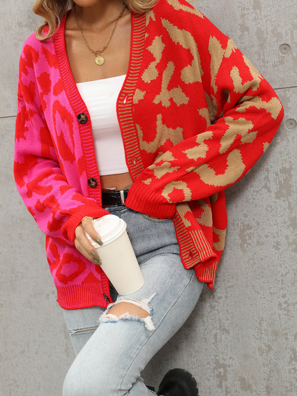Women's Single Breasted Street Panel Leopard Print Oversized Knit Cardigan Sweater