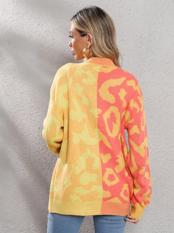 Women's Single Breasted Street Panel Leopard Print Oversized Knit Cardigan Sweater