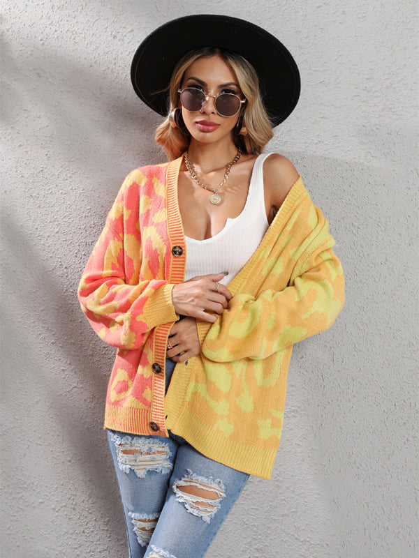 Women's Single Breasted Street Panel Leopard Print Oversized Knit Cardigan Sweater