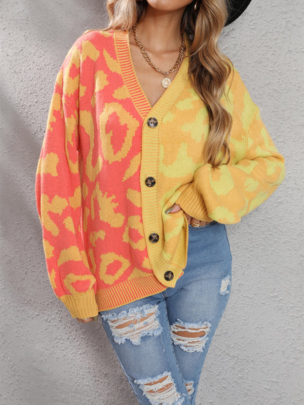 Women's Single Breasted Street Panel Leopard Print Oversized Knit Cardigan Sweater