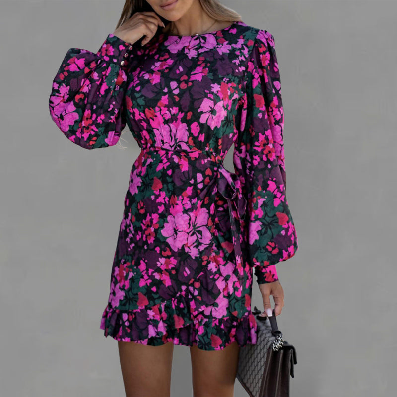 Women's Fashion Sexy Printed Round Neck Tie Waist Long Sleeve Dress