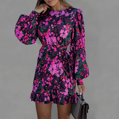 Women's Fashion Sexy Printed Round Neck Tie Waist Long Sleeve Dress