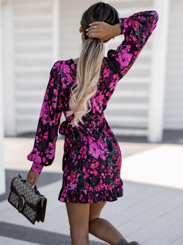 Women's Fashion Sexy Printed Round Neck Tie Waist Long Sleeve Dress