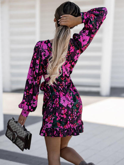 Women's Fashion Sexy Printed Round Neck Tie Waist Long Sleeve Dress