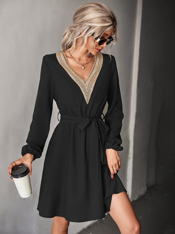 Women's Fashion V-neck lace long-sleeved dress