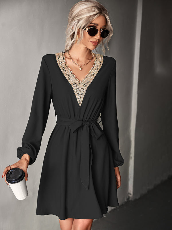 Women's Fashion V-neck lace long-sleeved dress