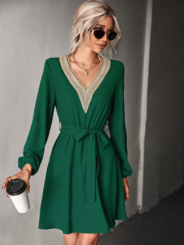 Women's Fashion V-neck lace long-sleeved dress