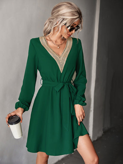 Women's Fashion V-neck lace long-sleeved dress