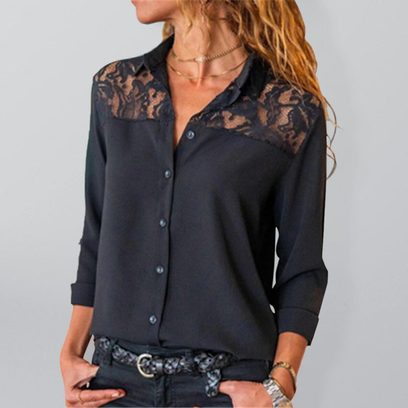 Women's Solid Color Long Sleeve Top With Lace Sleeves And Yoke Shirt