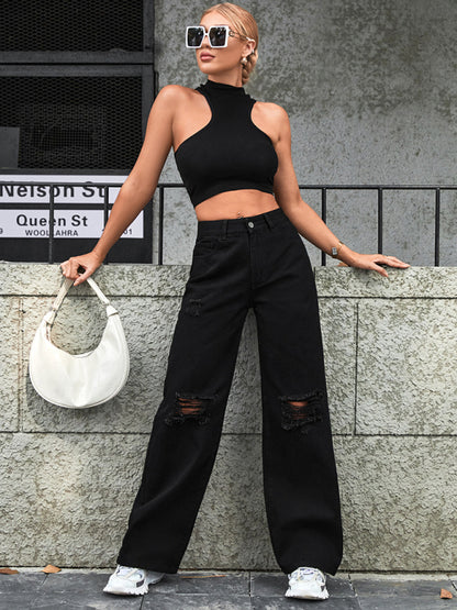 Women's Ripped High Waist Side Leg Jeans