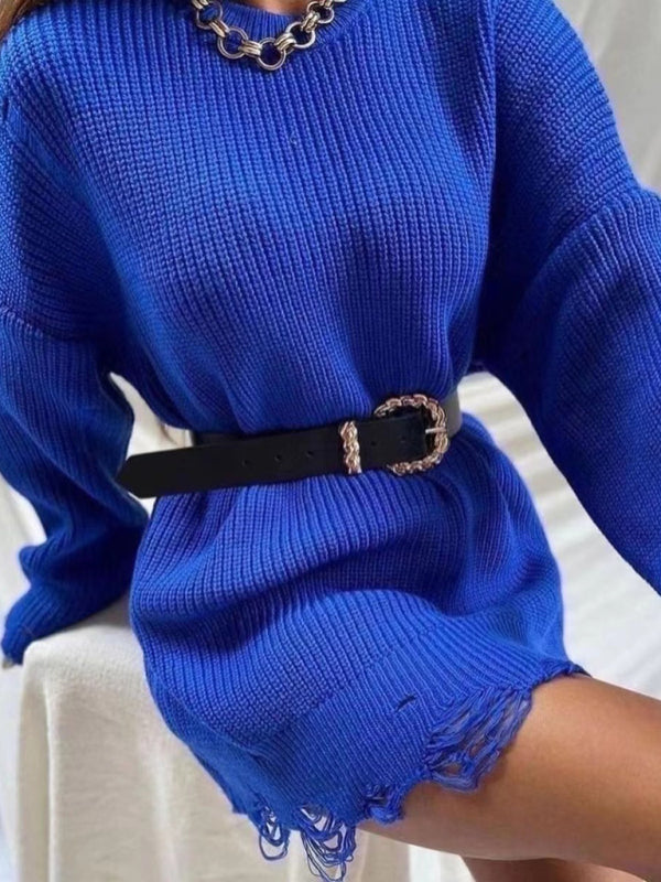 Women's Solid Color Rip Distressed Hem Rib Knit Sweater Mini Dress