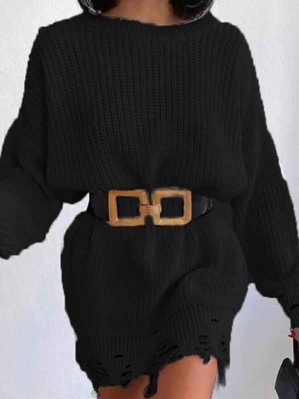 Women's Solid Color Rip Distressed Hem Rib Knit Sweater Mini Dress