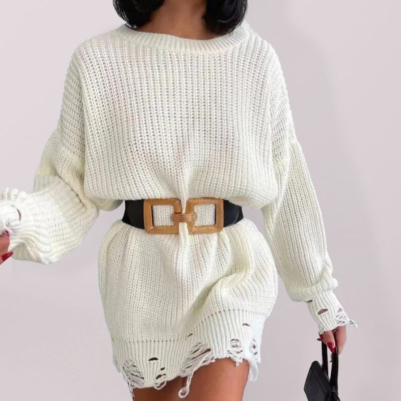 Women's Solid Color Rip Distressed Hem Rib Knit Sweater Mini Dress