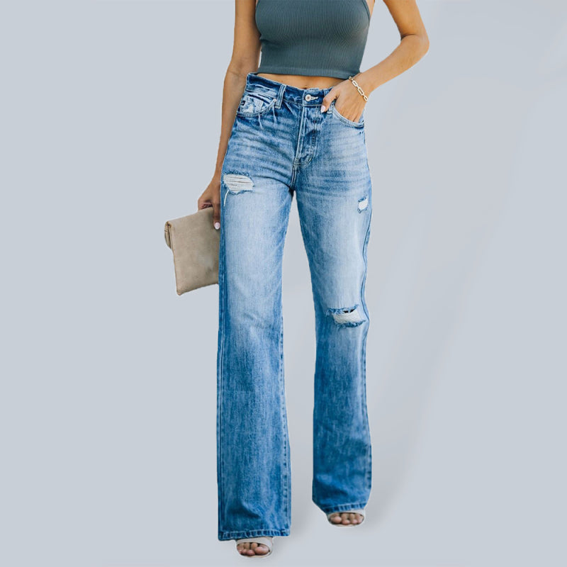Trendy Wide Leg Denim Trousers with Ripped Details and Fashionable Wash – Jeans for Women.'