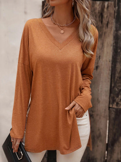 Women's Solid Color V Neck Essential Long Sleeve Side Slit Longline T- Shirt