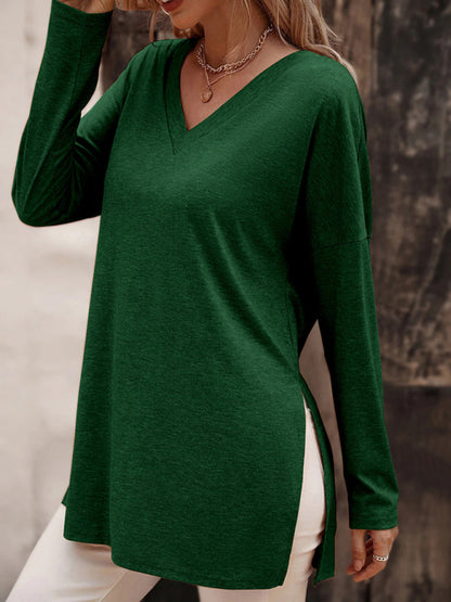 Women's Solid Color V Neck Essential Long Sleeve Side Slit Longline T- Shirt