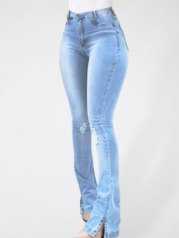 Women's Elastic slit flared high waist jeans trousers