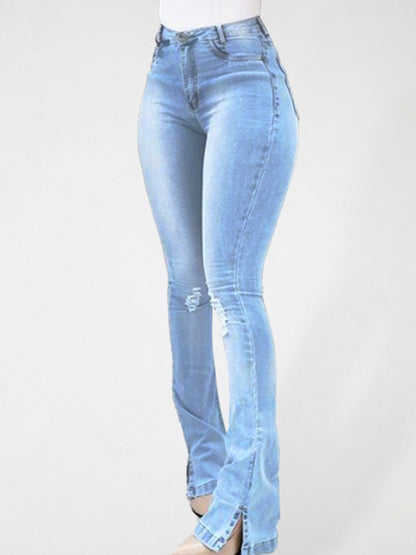 Women's Elastic slit flared high waist jeans trousers