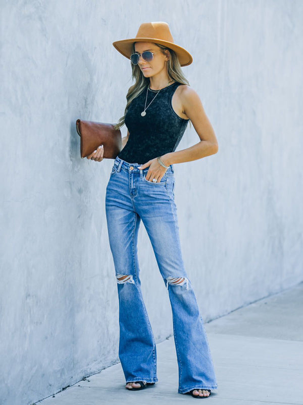 Women's High Waist Ripped Step Hem Bootcut Jeans
