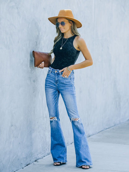 Women's High Waist Ripped Step Hem Bootcut Jeans