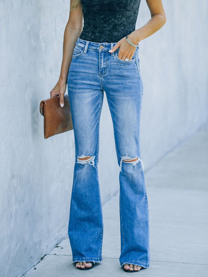Women's High Waist Ripped Step Hem Bootcut Jeans