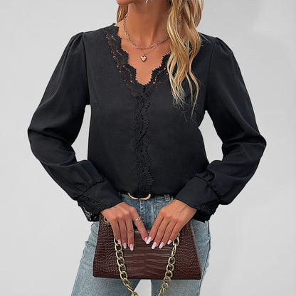 Women's Solid Color V-neck Long Sleeve Lace Trim Top