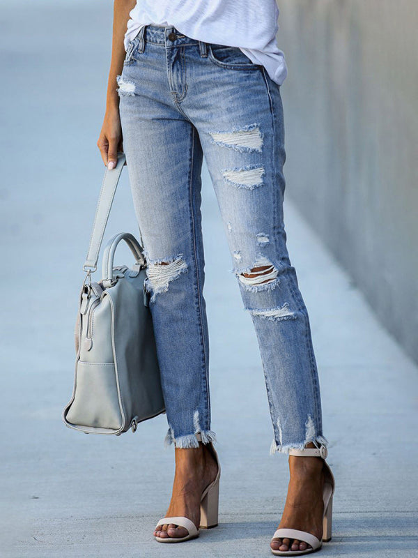 Raw Edge Ripped Slim Fit Jeans Women's Straight Leg Cropped Pants