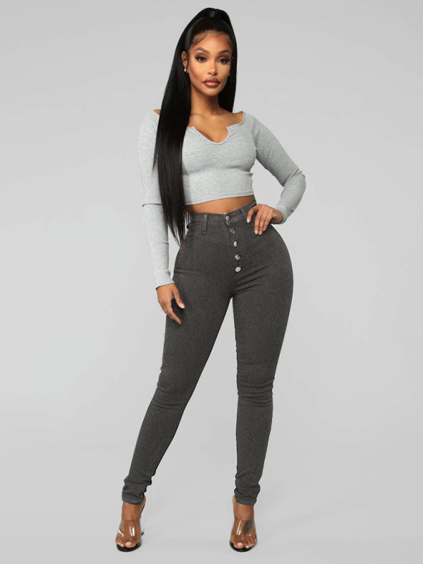 Stylish Women's Button Blouse paired with High Waist Ankle Skinny Jeans - Trendy Outfit for Women - Fashionable Clothing Combination.