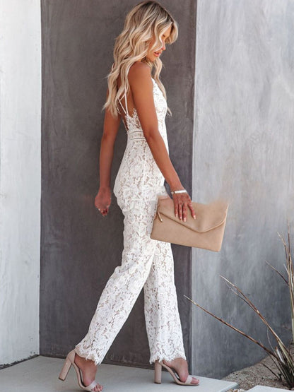 Women's Solid Color V-neck Straps Lace Jumpsuit