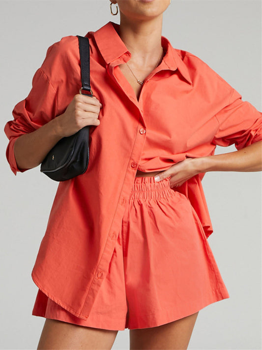 Women's Solid Color Long Sleeve Button Shirt And Matching Elastic Pull-up Short Set
