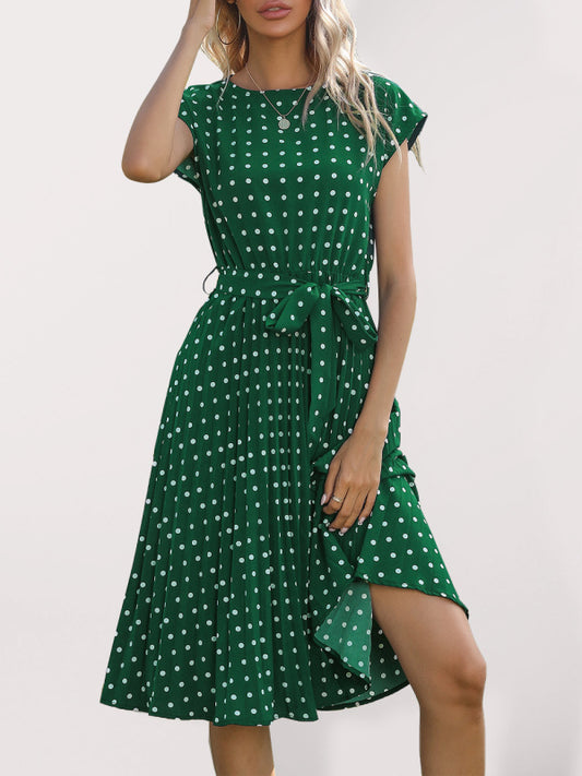 Chic Women's Polka Dot Dress - Short Sleeve, Pleated Design, Midi Length - Fashionable Summer Apparel for Women.