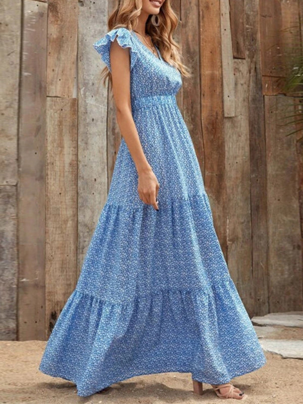 Spring new fashion women's V-neck long skirt waist floral print large swing dress