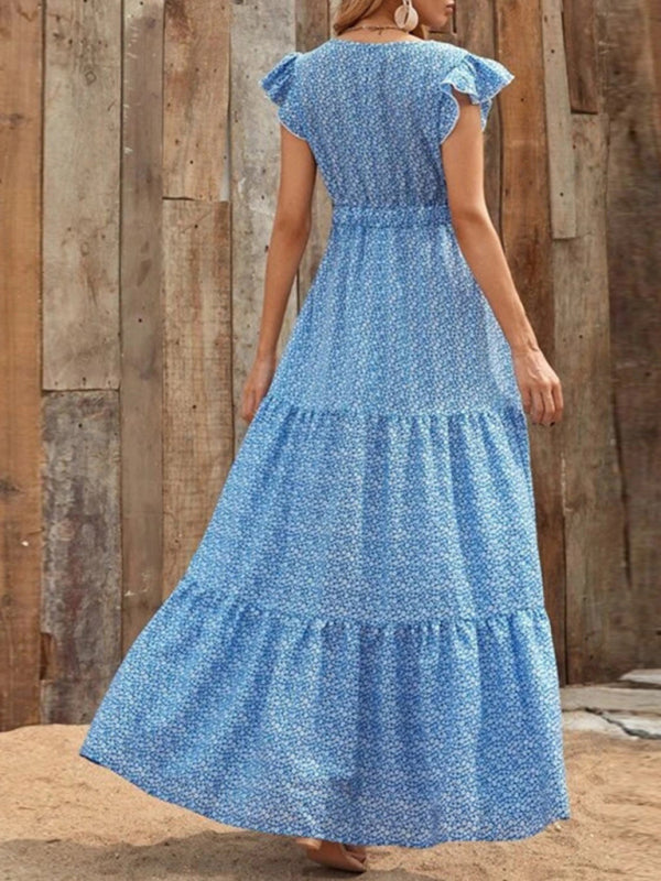 Spring new fashion women's V-neck long skirt waist floral print large swing dress